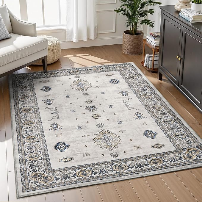 AMOAMI-Vintage Area Rug 4x6 Grey Rugs for Living Room-Soft Living Room Rug Non Slip Rugs for Bedroom Carpet Machine Washable Rug for Dining Room Bedside Office Room Decor-Ruum Studio Home
