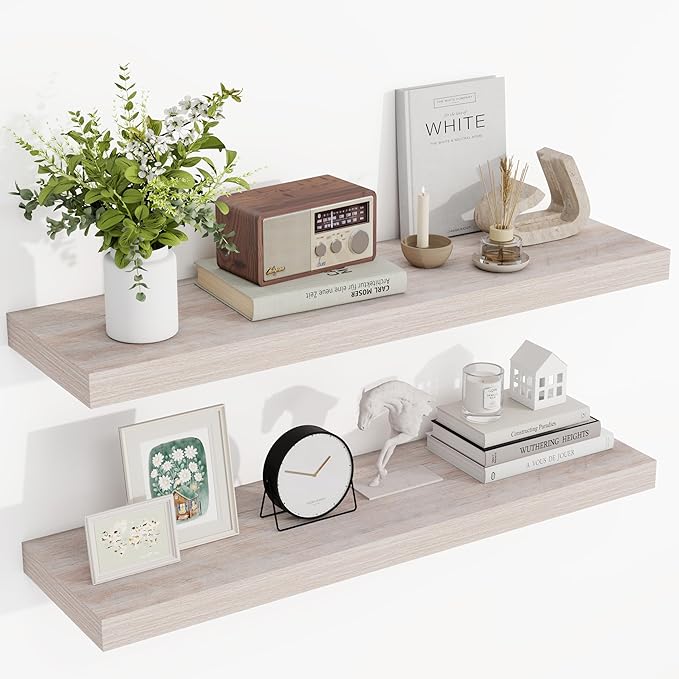 36 Inch Floating Shelves, 3D Textured Wood Grain, 36"x9.25"x1.5" Inch Deep Floating Shelves for Wall, Wooden Shelves for Bathroom, Bedroom, Living Room, Washed White-Ruum Studio Home