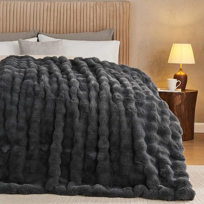 Lotus Karen King Size Faux Fur Blanket - Dark Gray, Big Bubble Rabbit Fluff, 108x90 Inches-Ruum Studio Home