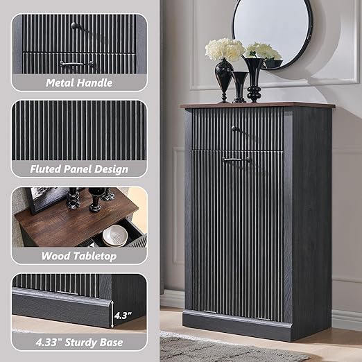 Modern Tilt-Out Trash Can Cabinet, 10 Gallon Fluted Laundry Hamper Cabinet with Drawers, Wooden Hidden Garbage Can Cabinets with Storage Basket, Free Standing for Kitchen and Living Room, Grey-Ruum Studio Home