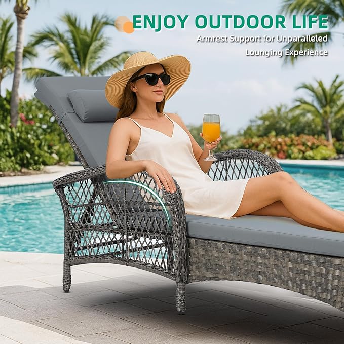 VIVIJASON 3 Pieces Outdoor Wicker Chaise Lounge Chair Set, All-Weather PE Rattan Cushioned Patio Lounger Set of 2 with Side Table, Adjustable Pool Sunbathing Recliner with Armrest & Pillow, Gray-Ruum Studio Home