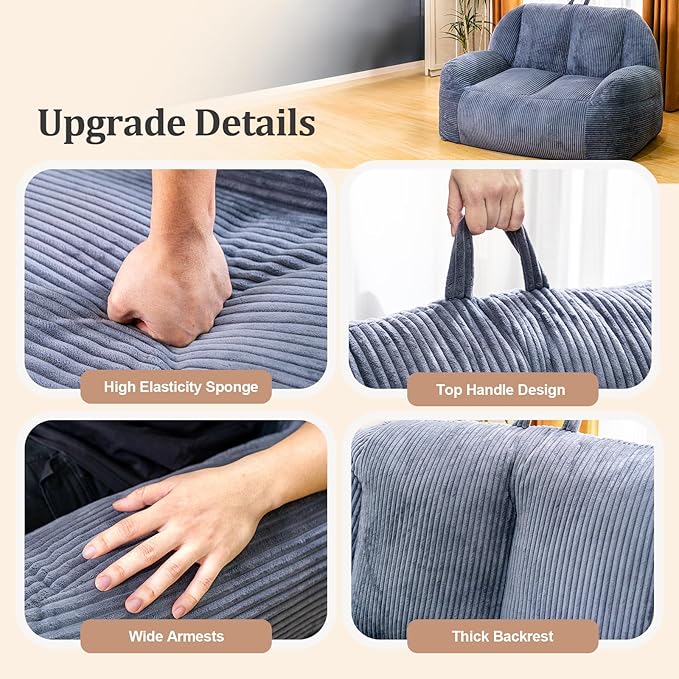 Giant Bean Bag Chair, Faux Fur Bean Bag Chair for Adults, Fluffy and Comfy Bean Bags with Filler, Big Bean Bag Sofa Chair for Reading, Gaming, Stuffed High-Density Foam, Grey-Ruum Studio Home