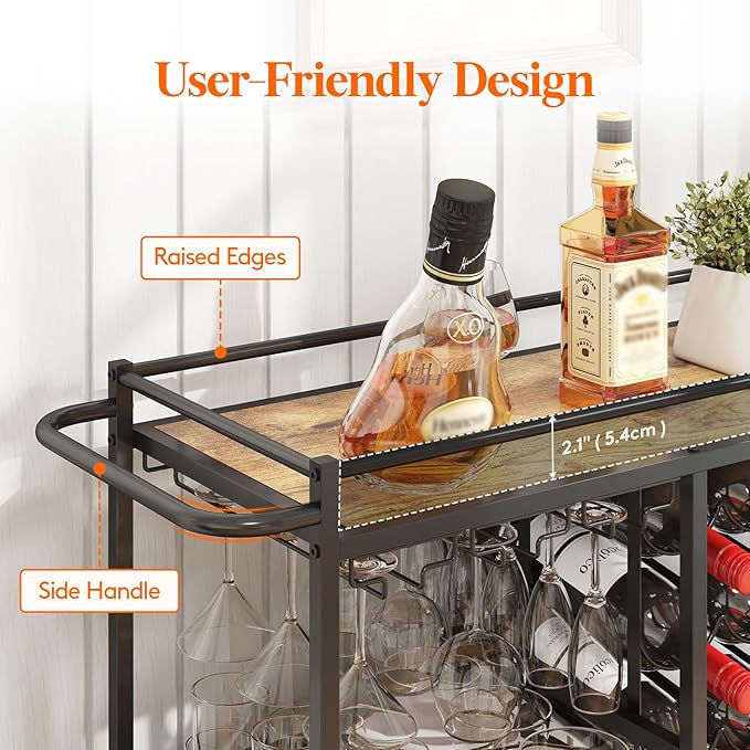 Lifewit Bar Cart for The Home, 3 Tier Drink Cart with Lockable Wheels, 12 Wine Rack and 3 Rows Glass Holders, Liquor Serving Cart for Kitchen Dining Livingroom, 31.6" x 13.1" x 33.9", Rustic Brown-Ruum Studio Home