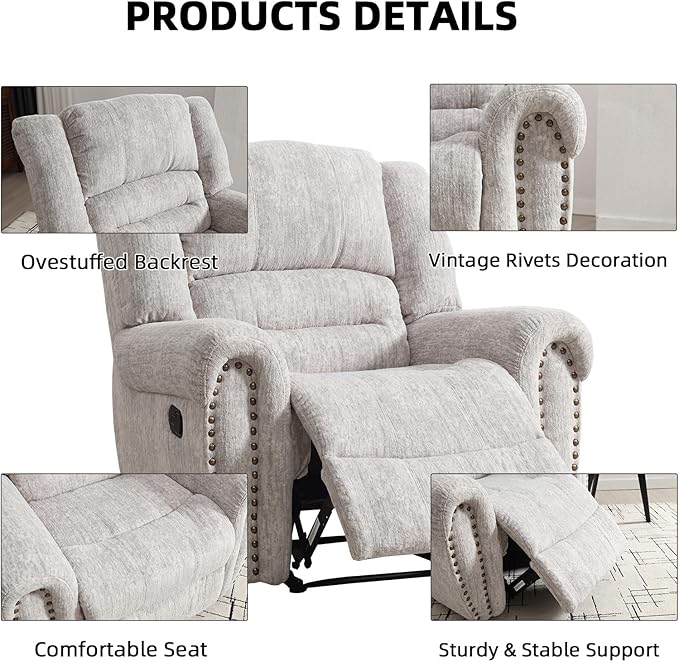 CANMOV Manual Recliner Chair, Classic and Traditional Manual Recliner Chair with Comfortable Arms and Back Single Sofa for Living Room, White Grey-Ruum Studio Home