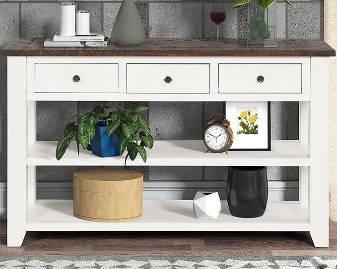 Solid Wood Console Table,Sofa Table with Storage Drawers and Bottom Shelf,Entryway Table for Entry Hallway Foyer Sofa Couch Table,Fully Assembled (48.8" Antique White)-Ruum Studio Home