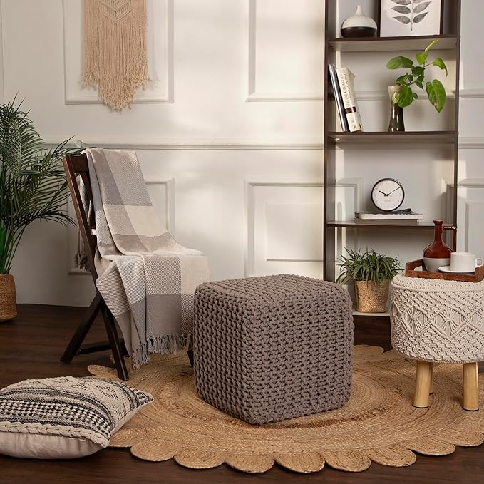 REDEARTH Cube Hand Knitted Pouf - Foot Stool Ottoman - Cord Boho Pouffe - Poof Accent Stuffed Table or Footrest for Living Room - Nursery - Bedroom - Patio - 100% Cotton (16" x 16" x 16") - Taupe-Ruum Studio Home