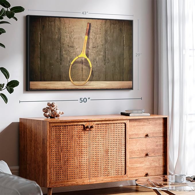 ElephantStock Vintage Tennis Racket Wall Art - Horizontal Framed Canvas - 1-Piece Living Room Wall Decor - Photography Sports Canvas Print - Brown and Black Decor for Wall - 43" X 29"-Ruum Studio Home