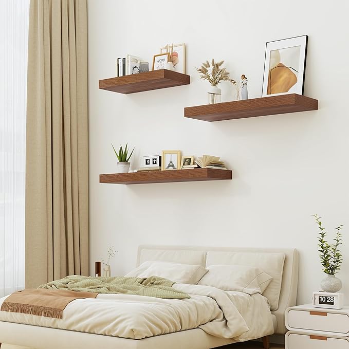 Heimlove Walnut Bathroom Shelves Floating Shelves for Wall Shelf Over Toilet Long Wall Mounted Modern Farmhouse,48 x 12 Wall Shelves with Invisible Brackets for Living Room, Kitchen, Bedroom-Ruum Studio Home
