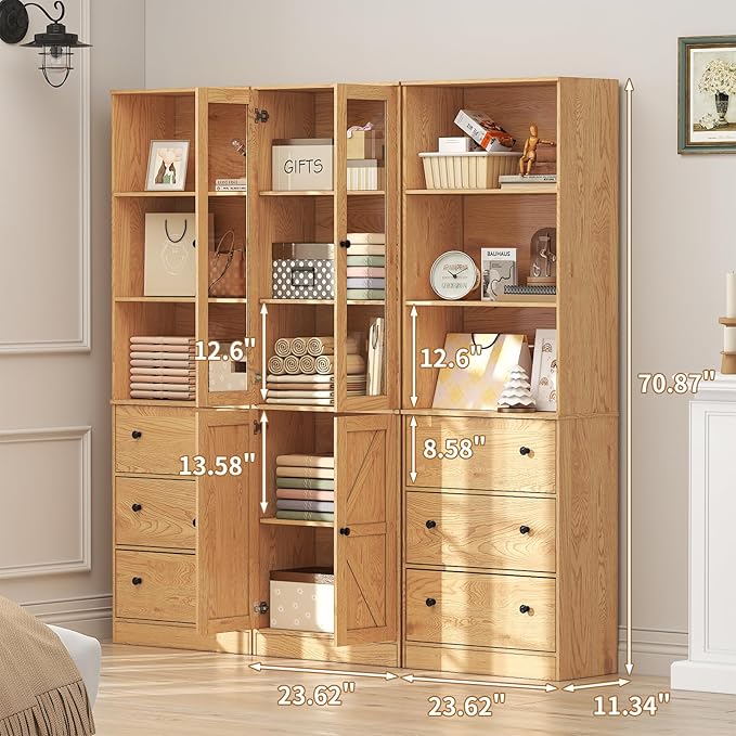 71" Tall Bookshelves Set of 3, 2 Bookcases with Drawers & 1 Bookshelf with Doors, Wooden Bookshelves Floor Standing Display Storage Shelves Home Decor Furniture for Home Office, Living Room-Ruum Studio Home