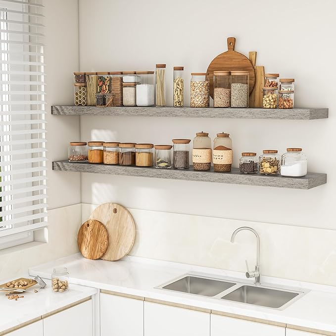 RICHFOCUS 72Inch Floating Shelves for Wall 2 Pack Shelves for Bedroom|Kitchen|Bathroom Wall Mounted Rustic Wood Floating Shelf with Invisible Brackets for Books|Storage|Decor, Grey-Ruum Studio Home