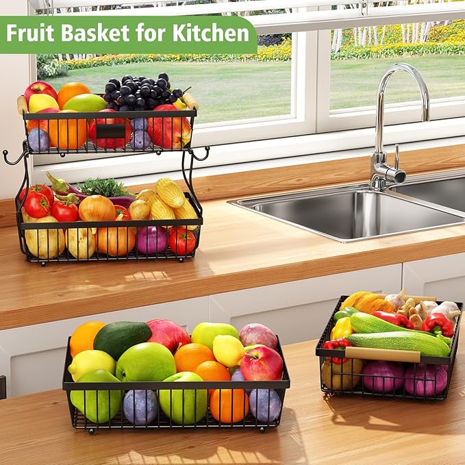 2 Tier Fruit Basket for Kitchen Counter with 2 Banana Hangers, Countertop Metal Fruit Bowl with Wooden Handle, Large Storage Stand for Vegetables, Snacks, Breads, Produce Storage – Black-Ruum Studio Home