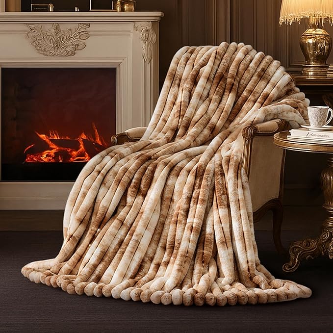 Amélie Home Faux Fur Throw Blanket for Couch, Cozy Fuzzy Fluffy Fur Luxurious Soft Striped Plush Gift Blankets for Family Sofa Chair Bed Living Room Bedroom, 55"x70", Tie-dye Khaki-Ruum Studio Home