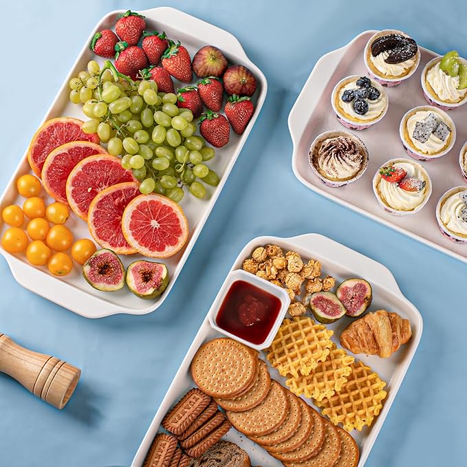 Dizada Large Serving Platter with Handles, 16" x 9" Porcelain Serving Tray, White Rectangular Platters for Entertaining & Serving Food, Serving Trays for Party, Appetizer, Charcuterie - Set of 3-Ruum Studio Home