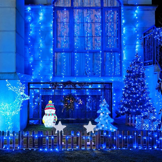 JMEXSUSS 300LED Christmas Curtain Lights, Blue Christmas Lights with Remote, Blue String Lights for Bedroom Wall Window Backdrop Garden Indoor Outdoor Patio Yard Porch Decorations, 9.8x9.8ft-Ruum Studio Home