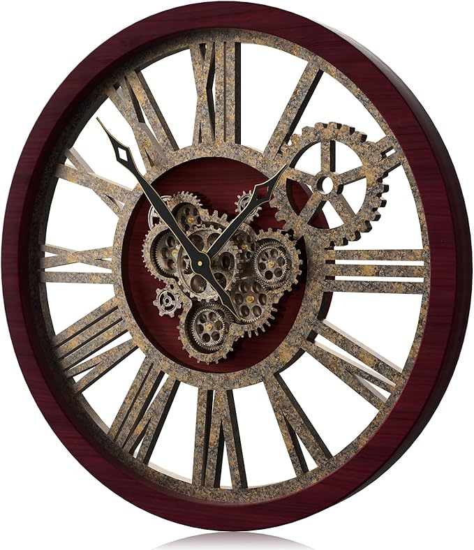 The B-Style Large Wall Clock 24 inch Moving Gear Wall Clock Oversized Vintage Farmhouse Wall Clocks for Living Room Decor Rustic Industrial Wood Clock (Cherry red and Bronze, 36 inch/90cm)-Ruum Studio Home
