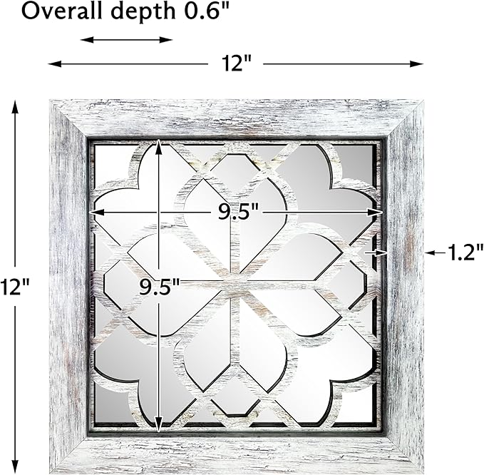 4pcs Farmhouse Wall Mirror with Carved Floral Design -Rustic Mirror Decor for Home, 12x12 inch(Grey)-Ruum Studio Home
