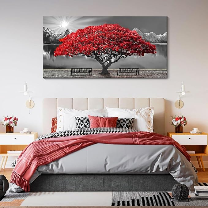 Black and White Red Tree Wall Art Canvas Print Picture Large Red Tree Landscape Modern Artwork for Living Room Bedroom Office Home Wall Decor With Frame 24X48inch-Ruum Studio Home