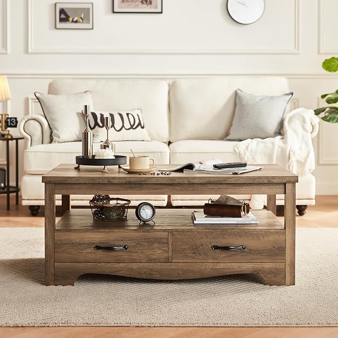 LINSY HOME Farmhouse Coffee Table with Storage, Wood Coffee Table for Living Room, Open Display Area and Storage Drawers with Metal Handles, Chic Style with Curved Base, Brown-Ruum Studio Home