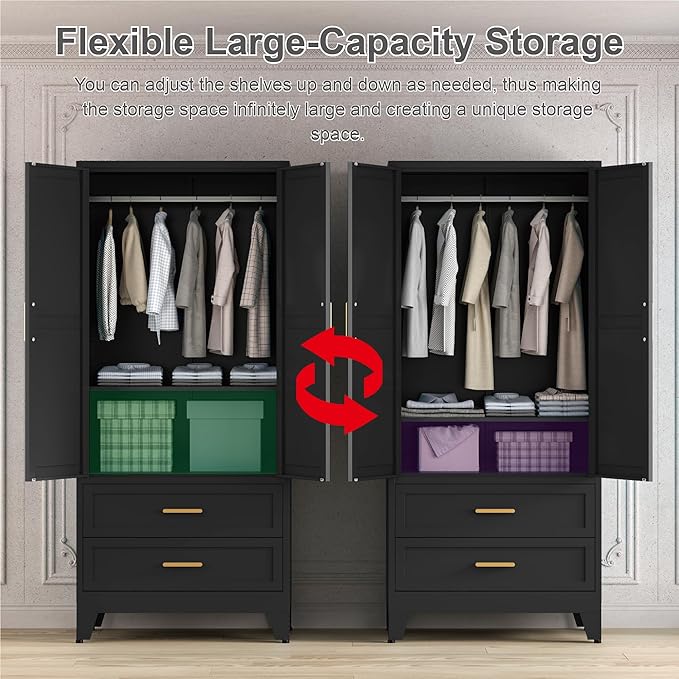 71'' Farmhouse Metal Wardrobe Cabinet with Hanging Rod, 2 Barn Door Wardrobe Closet with Adjustable Shelves,2 Drawer,for Dining Room,Bedroom,Living Room, Cloak Room,Office (Black)-Ruum Studio Home