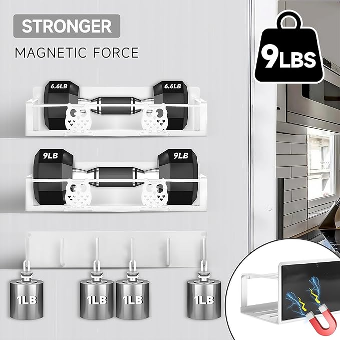 Magnetic Spice Rack,Magnetic Shelf for Fridge,Spice Organizer,Fridge Organizer,Kitchen Storage Organization with Magnetic Hooks,Owl Home Decor(White)-Ruum Studio Home