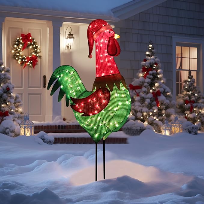 6FT Lighted Rooster with Christmas Hat for Outdoor Christmas Decorations, 3D Pre-Lit Iridescent Rooster Xmas Decor, Glittered Standing Holiday Display Rooster for Outdoor, Indoor-Ruum Studio Home