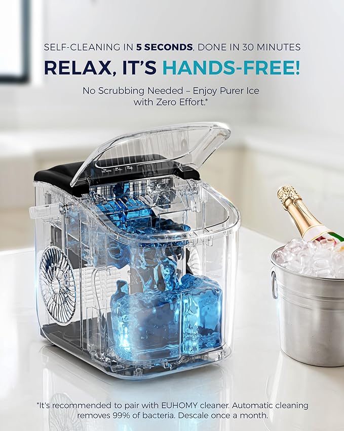 EUHOMY Countertop Ice Maker Machine with Handle, 26lbs in 24Hrs, 9 Ice Cubes Ready in 6 Mins, Auto-Cleaning Portable Ice Maker with Basket and Scoop, for Home/Kitchen/Camping/RV. (Black)-Ruum Studio Home