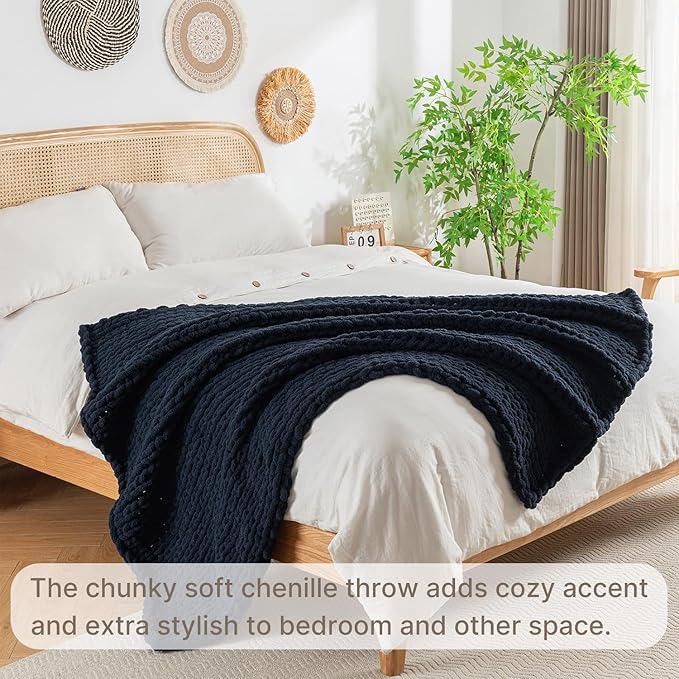 Chunky Knit Blanket Throw, 100% Hand Knit Throw Blanket Handmade Chenille Cable Knit Throw for Couch, Stylish Cozy Soft Rope Knot Crochet Blanket for Home Decor, Navy Blue, 50x60 Inches-Ruum Studio Home