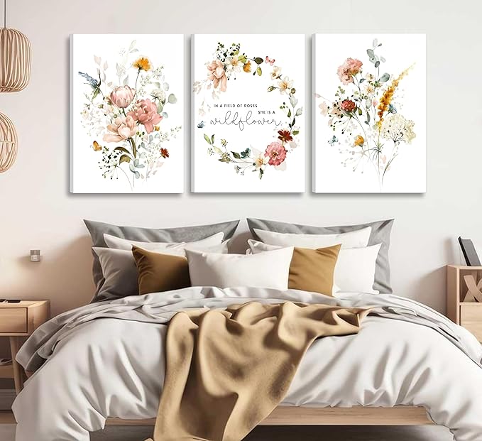 3Pcs Framed Watercolor Flowers Canvas Wall Art In A Field Of Roses She Is A Wildflower Painting Picture Wall Decor Pink wreath Poster Print Artwork for Nursery living room Girls Room Home Decoration-Ruum Studio Home