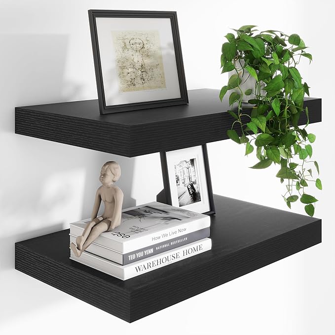 Heimlove 24 x 12 Inch Deep Floating Shelves Wall Mounted with Invisible Brackets,Storage Hanging Shelf for Wall Decor in Bathroom, Bedroom, Toilet, Kitchen, Living Room, Office Set of 2 (Black)-Ruum Studio Home
