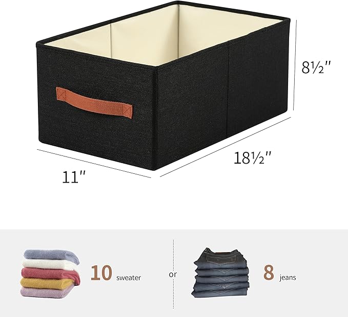 linen closet organizers and storage, 3 Pack Large Storage Baskets, Washable, Clothing Storage Bins with Handle, Closet Organizer for Storage Sweater,Sheets (Black, 18½"x11"x8½")-Ruum Studio Home