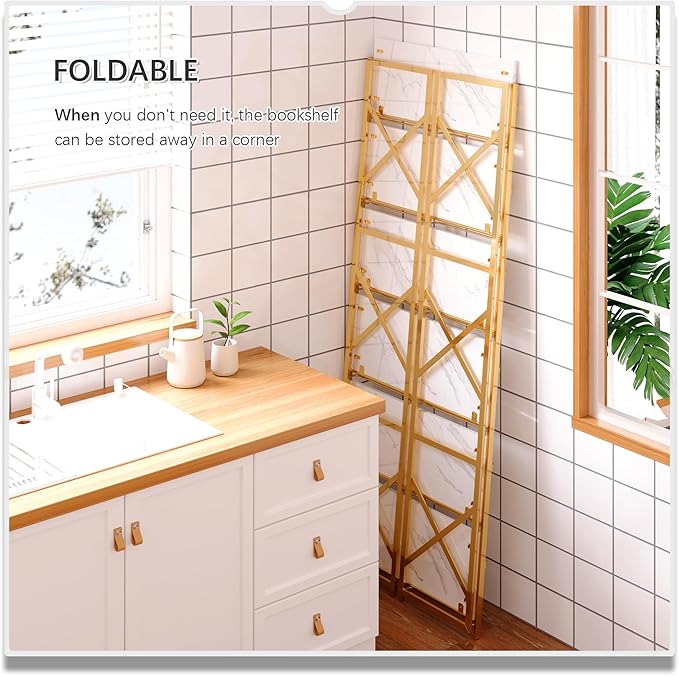 4NM 6 Tiers No Assembly Book Shelves, 61.8" H Folding Bookshelf Bookcase Open Industrial Foldable Shelves for Bedroom, Living Room, Home Office - White Gold-Ruum Studio Home