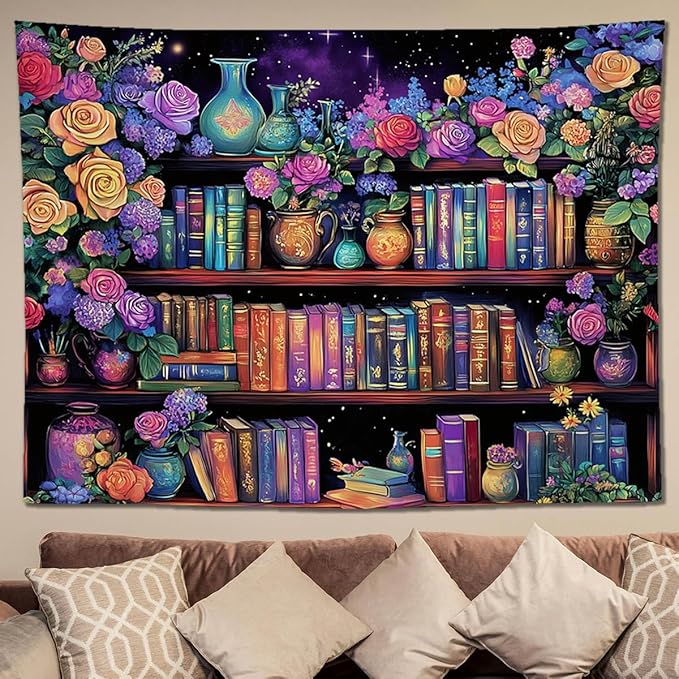 keowhsf Pink Purple Flower Bookshelf Wall Tapestry Colorful Tapestries for Bedroom Aesthetic Floral Tapestry Wall Hanging Cute Girl Bedroom Decor-Ruum Studio Home