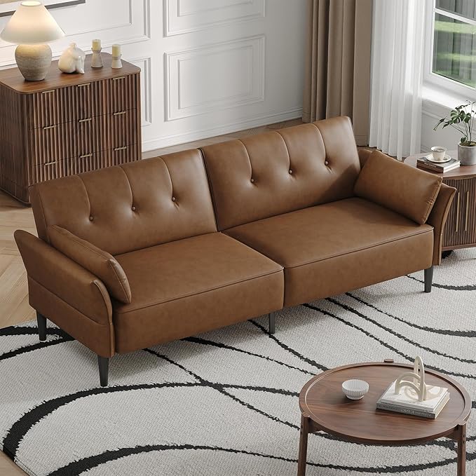 89” Futon Sofa Bed, Faux Leather Futon Couch Bed with 2 Square Pillows, Convertible Sleeper Sofa with Adjustable Backrest& Armrests, Modern Loveseat Sleeper for Living Room, Bedroom, Brown-Ruum Studio Home