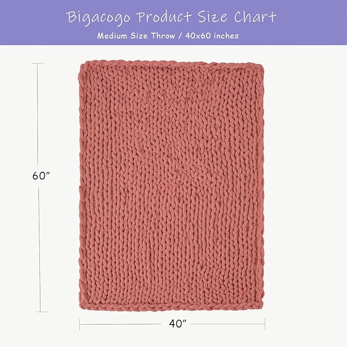 Bigacogo Chunky Knit Throw Blanket for Couch, 40x60 inches, 100% Hand Knitted with Thick Jumbo Chenille Yarn, Cozy Soft Large Rope Knot Cable Crochet Blankets for Sofa Bed Living Room, Antique Red-Ruum Studio Home
