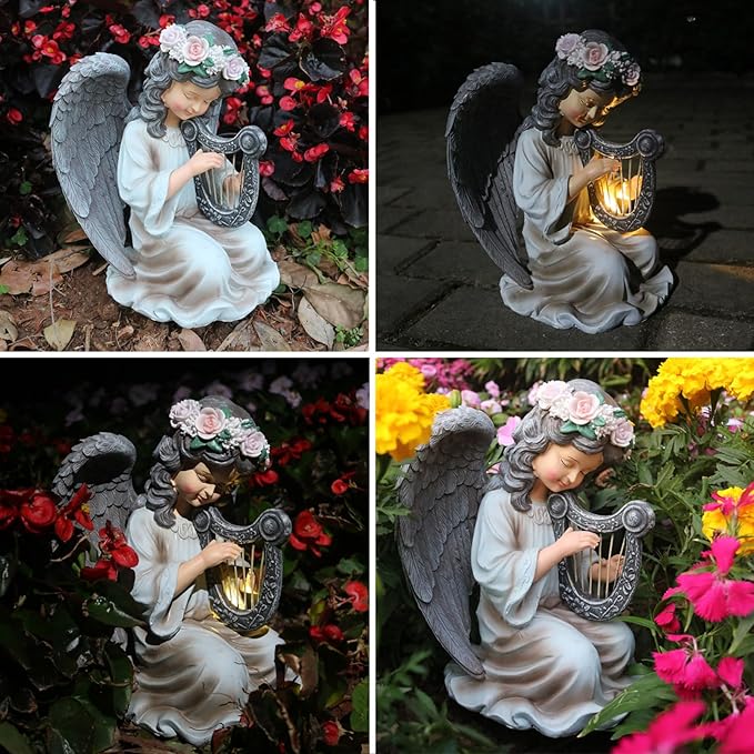 Garden Angel Decor Solar Angels Statues for Garden Waterproof Angel Sculpture Playing The Harp Solar Angels for Yard Patio Gardening Gift-Ruum Studio Home