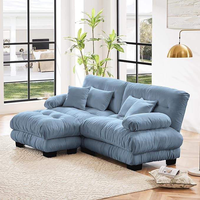 Modular Sectional Sofa, Comfy Cloud Couch Oversized Loveseat with Ottoman, Sectional Couches for Living Room, Modern Chenille L Shaped Couch, Sleeper Deep Seat Sofa with Throw Pillows, Blue-Ruum Studio Home