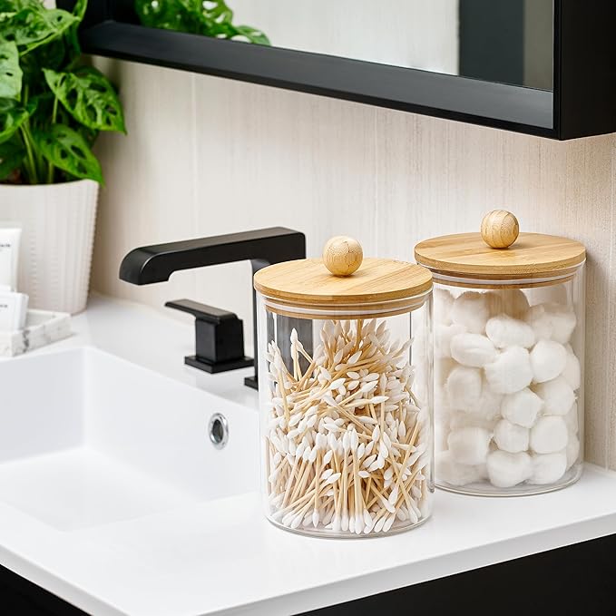 Set of 2 Large Glass Canisters for Kitchen Counter with Airtight Bamboo Lids + Marker & Labels - Cookie Jars with Wooden Lid, Food Storage Containers for Pantry, Flour Pasta Candy Coffee Pods - 68oz.-Ruum Studio Home