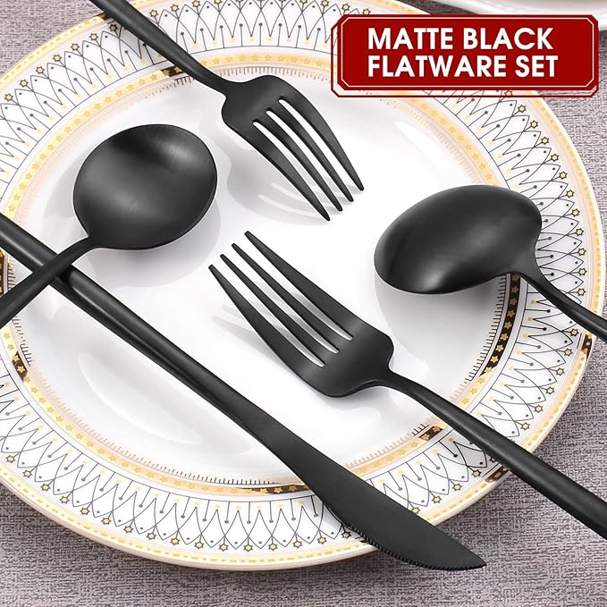 Matte Black Silverware Set, 20-Piece Stainless Steel Flatware Set, Tableware Cutlery Set Service for 4, Satin Finish Utensils Set, Knife Fork Spoon Set for Home and Restaurant, Dishwasher Safe-Ruum Studio Home