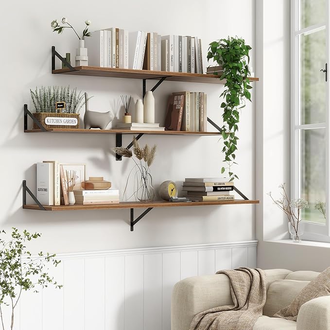 Fun Memories Deep Floating Shelves, 55W x 12D Floating Shelves for Wall, Wood Floating Shelf with Bracket, Wide Display & Storage Wall Shelves for Living Room, Bedroom, Walnut-Ruum Studio Home