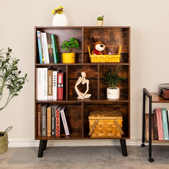 LEYAOYAO Cube Bookshelf 3 Tier Mid-Century Rustic Brown Modern Bookcase with Legs,Retro Wood Bookshelves Storage Organizer Shelf,Freestanding Open Book Shelves for Bedroom,Living Room,Office-Ruum Studio Home