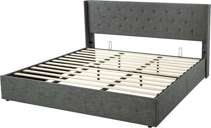 Allewie King Size Lift Up Storage Bed, Button Tufted Headboard with Wingback, Hydraulic Support, No Box Spring Needed, Dark Grey-Ruum Studio Home