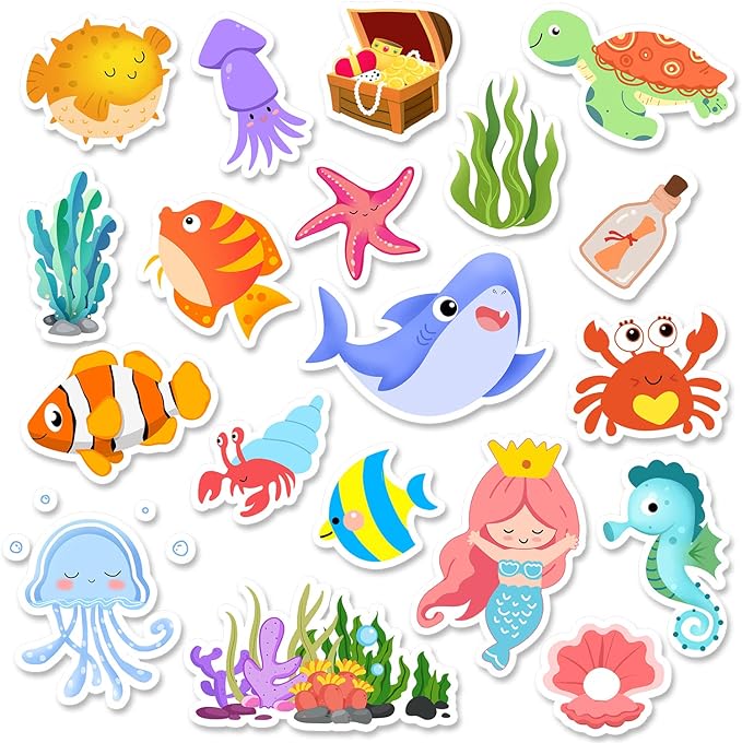 Sea Animals Gel Clings for Kids, 21PCS Thick Vinyl Decals, Cartoon Animal Stickers for Classroom, Home, Nursery, Airplane Birthday Party Supplies, Reusable, Water Resistant, Indoor Usage-Ruum Studio Home