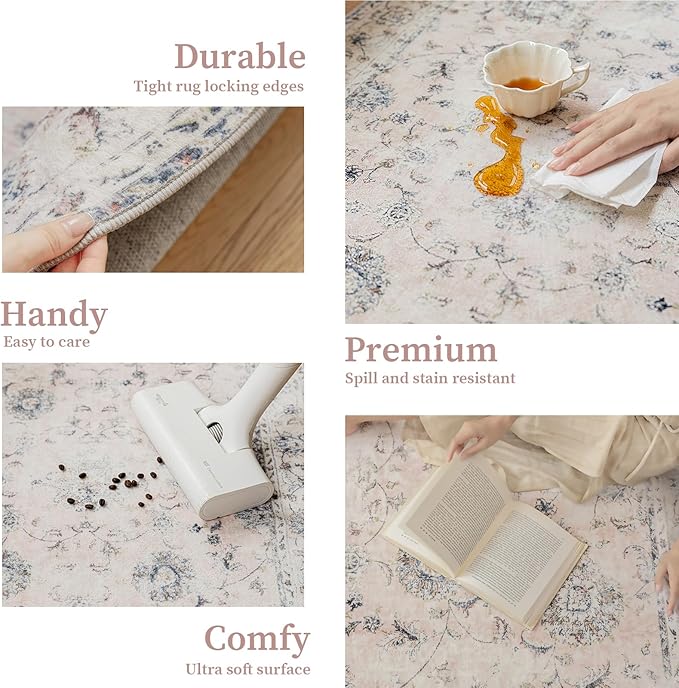 2'x3' Vintage Floral Rug - Persian Inspired Low-Pile Faux Wool Area Rug, Non-Slip Washable Small Rug for Bedroom, Nursery, Dorm, Soft Pink Boho Chic Decor-Ruum Studio Home