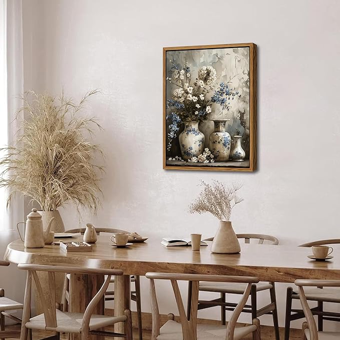 Floating Framed Farmhouse Floral Canvas Wall Art, Vintage Blue and White Flower Pictures Wall Decor, Elegant Art Jar Posters Print for Living Room Bedroom Bathroom Rustic Decor 16x24 inch-Ruum Studio Home
