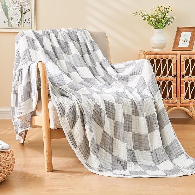 EMME Checkered Cotton Blanket Twin Large 60"x80" 100% Muslin for Couch Breathable Cooling Gauze All Season Soft and Lightweight Pre-Washed (Light Grey)-Ruum Studio Home