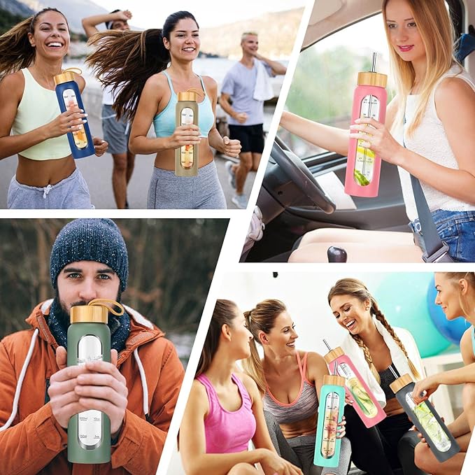 32 oz Glass Water Bottle with Straw - Motivational Time Marker & Silicone Sleeve - Reusable Tumbler Includes 2 Bamboo Lids & Fruit Infuser - 1 Pack-Ruum Studio Home