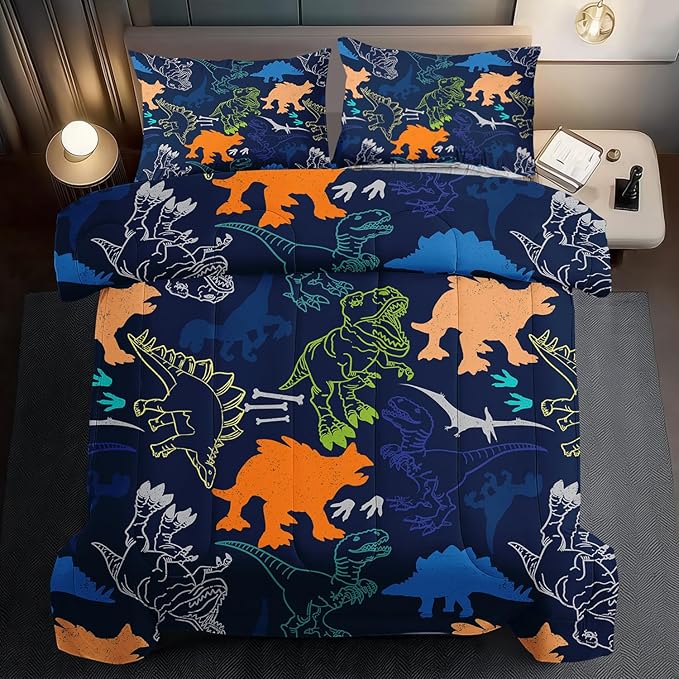 Blue Dinosaur Comforter Set Queen Boys,Cute Dinosaur Bedding Set Queen for Kids,Kawaii Dragon Comforter Blue Bedroom Decor,Cute Animal Bedding Kawaii Animal Quilt Boys-Ruum Studio Home