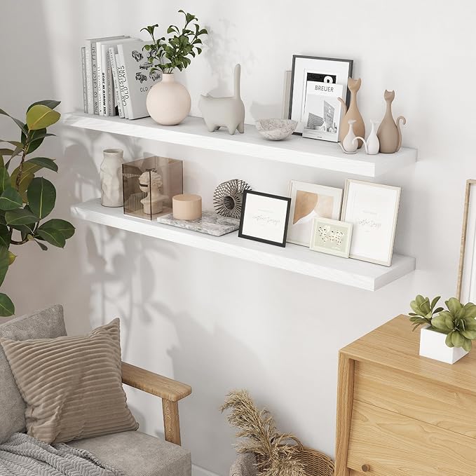 Fun Memories Floating Shelves 55 Inch Set of 2, White 55 x 9 Wall Shelves for Home Decor Storage, Rustic Wood Floating Shelf for Wall, 9 Inch Deep Shelving for Bathroom, Living Room, Kitchen-Ruum Studio Home