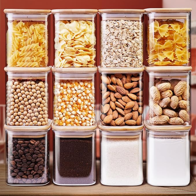 Square Glass Jars with Bamboo Lids 17 FL OZ [Set of 12], Glass Canisters with Airtight Lids, Glass Food Storage Containers for Spice, Sugar, Tea, Candies, Cookies, Best for Kitchen & Pantry-Ruum Studio Home