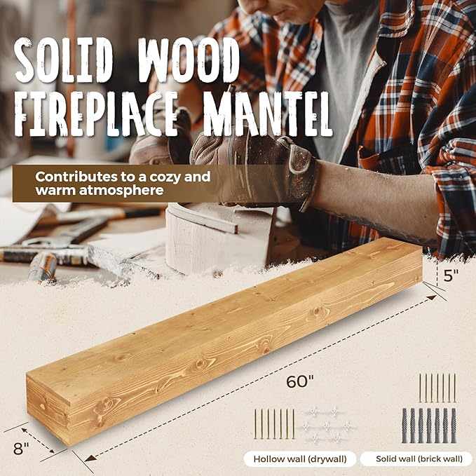 60x8x5 Fireplace Mantel - Handcrafted Rustic Solid Wood Wall Mounted Floating Shelf with Invisible Heavy Duty Wood Bracket (Natural)-Ruum Studio Home